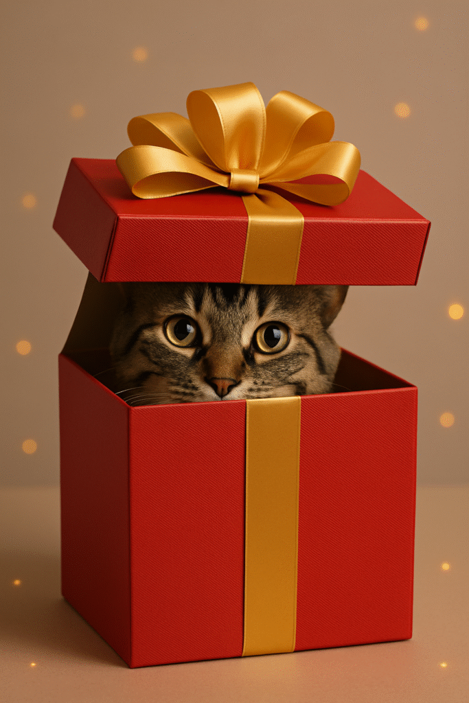 ChatGPT said: Here’s the full metadata set for your new Charlie-in-a-gift-box image 🎁🐾: Title: Cheeky Charlie Peeking Out of a Red Gift Box with Golden Ribbon Alt Text: Tabby cat peeking out from inside a red gift box tied with a golden ribbon, playful Clothing & Accessories mascot image