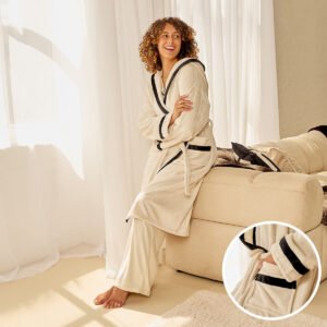 OHS Flannel Fleece Piped Edge Dressing Gown, Adults from Online Home Shop showing soft fleece texture and piped edges - Cream/Black