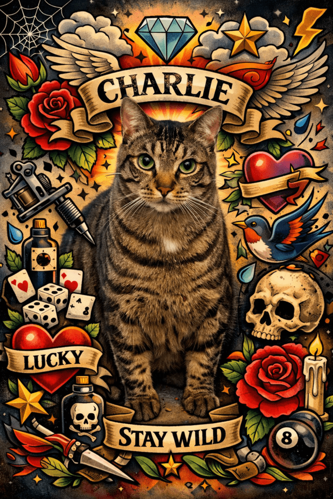 Tattoo art style illustration of a tabby cat named Charlie surrounded by traditional tattoo symbols including roses, skulls, wings and banners. Broken Society
