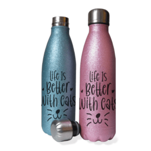 Sparkly Life Is Better With Cats water hot drink bottle from Cats in Charge showing glitter finish and cat slogan