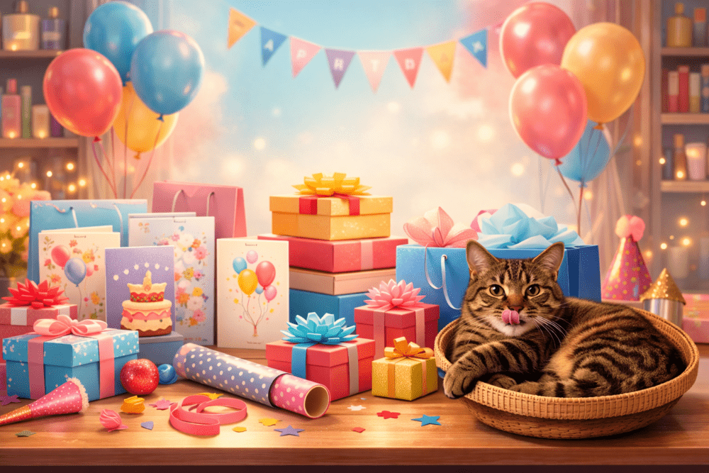 Greeting cards, wrapped gifts and colourful party supplies displayed on a table with balloons, with Cheeky Charlie the cat resting beside the gifts