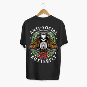 Anti-Social Butterfly T-Shirt from Broken Society showing tattoo-art butterfly and skeleton design on black unisex t-shirt