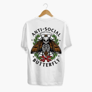 Anti-Social Butterfly T-Shirt from Broken Society showing tattoo-art butterfly and skeleton design on white unisex t-shirt