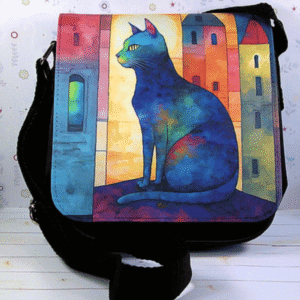 Loki Small Shoulder Bag from Cats in Charge showing black microfibre fabric with printed cat flap