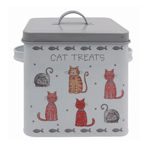 Cartoon Cat Treats Metal Box with Lid from Cats in Charge showing a glossy metal finish with cartoon cats and side handles