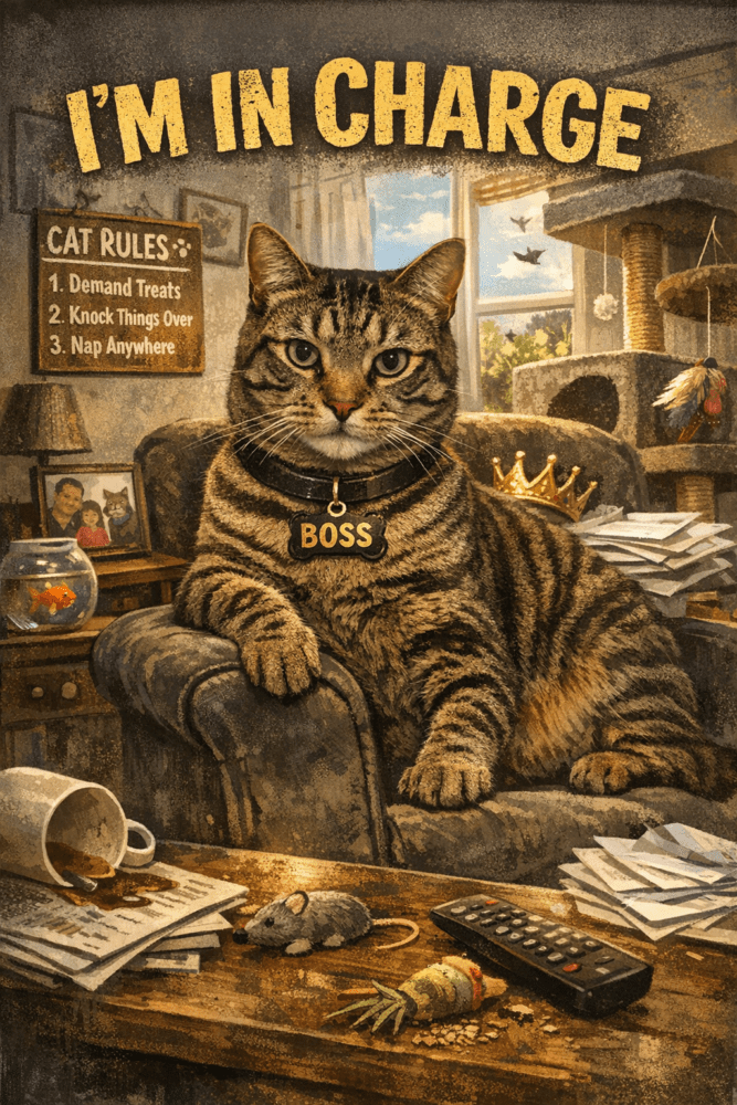 Tabby cat sitting confidently in an armchair wearing a collar labelled “Boss” with “I’m in Charge” text above. Cats in Charge
