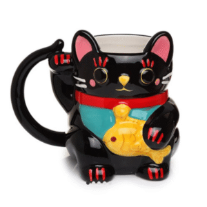 Ceramic black Maneki Neko lucky cat shaped mug from Cats in Charge showing glossy black finish and cat-shaped design