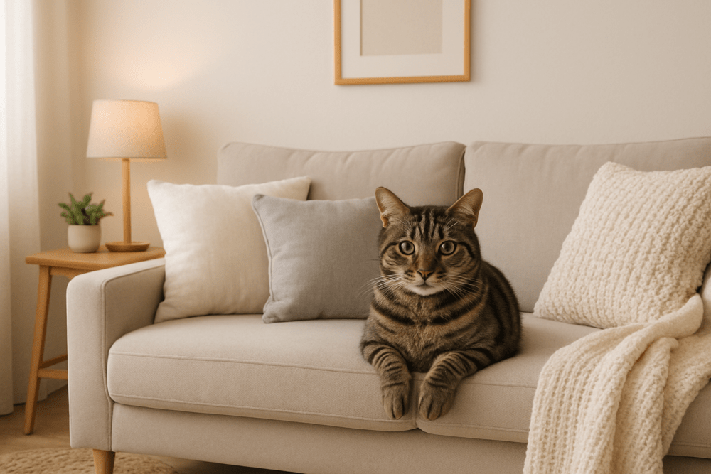 Tabby cat sitting on a beige sofa in a cosy neutral living room with cushions, throw and warm lamp lighting. Explore stylish home décor, cosy clothing and practical everyday essentials from Online Home Shop. Affordable, comfortable and beautifully designed finds for modern living. Online Home Shop.