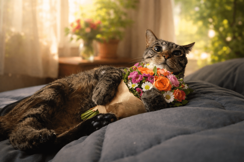 Tabby cat lying on a bed holding a colourful bouquet of flowers. Bunches – Fresh Flowers Made Easy