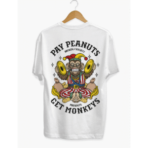 Pay Peanuts T-Shirt in white from Broken Society featuring bold tattoo-inspired artwork on unisex tee
