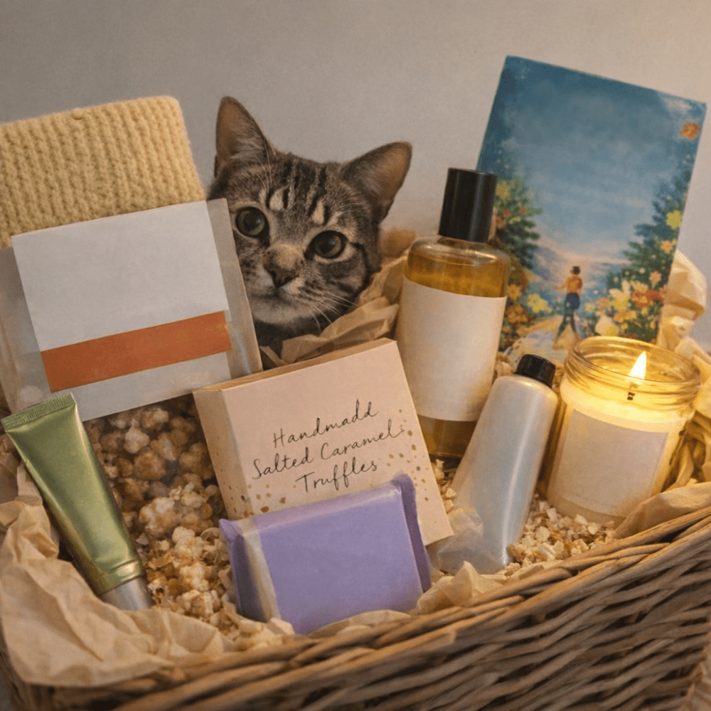 Tabby cat peeking out from a wicker gift hamper filled with pampering items including candle, bath oil, soap, sweet treats and cosy essentials, surrounded by shredded paper. Don’t Buy Her Flowers