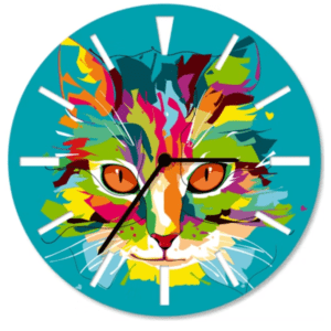 Abstract Cat Design Large Aluminium Clock from Cats in Charge showing glossy aluminium finish and cut-out hour markers