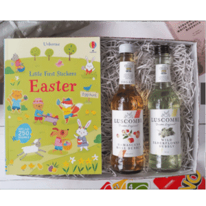 Easter hamper with children's Easter sticker book and Luscombe drinks