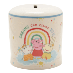 Peppa Pig ceramic money box front design with rainbow and “Dreams Can Come True” text featuring Peppa Pig and friends