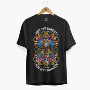 Not My Circus Front Print T-Shirt from Broken Society showing colourful circus monkey graphic and slogan on a black t-shirt