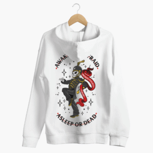 Awake And Unafraid Hoodie from Broken Society showing bold graphic design on a White hoodie