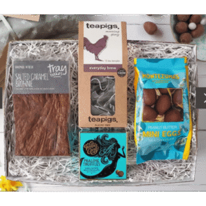 Easter hamper with salted caramel brownie, Teapigs tea, praline truffles and peanut butter mini eggs