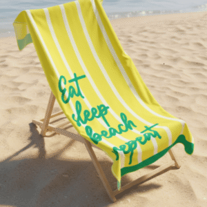 OHS yellow striped microfibre beach towel with Eat Sleep Beach Repeat text on deck chair