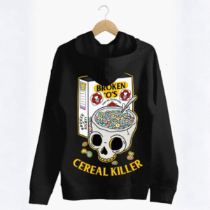 Black Cereal Killer Hoodie from Broken Society featuring skull cereal bowl graphic and Broken O’s cereal box design