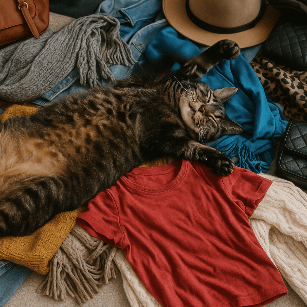 cat lying on clothes including t shirt scarf and accessories