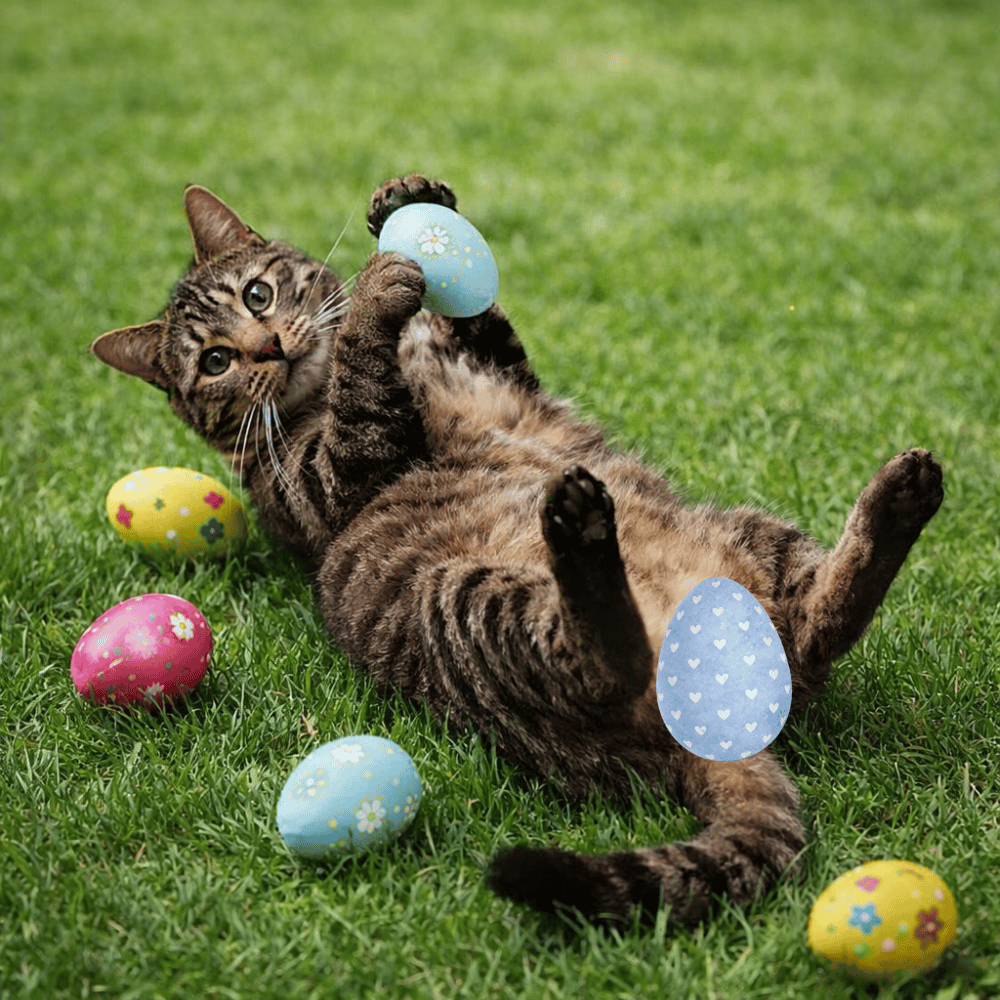 tabby cat lying on grass playing with colourful easter eggs