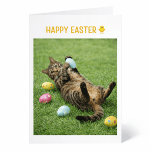 Easter greeting card showing a playful tabby cat lying on grass and playing with colourful Easter eggs with Happy Easter text