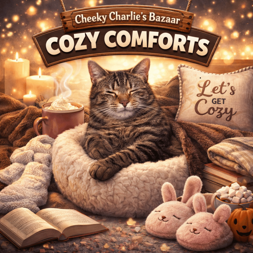 relaxed tabby cat surrounded by blankets candles and cosy home decor