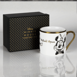 Disney Classic Collectable Mug - Minnie from The Home of Characters showing mug with gold handle and matching gift box