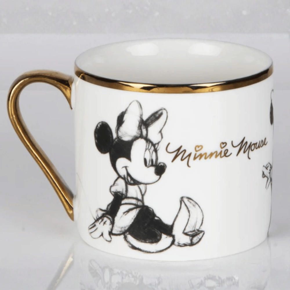 Disney Classic Collectable Mug - Minnie from The Home of Characters showing pencil illustration design and gold rim detail