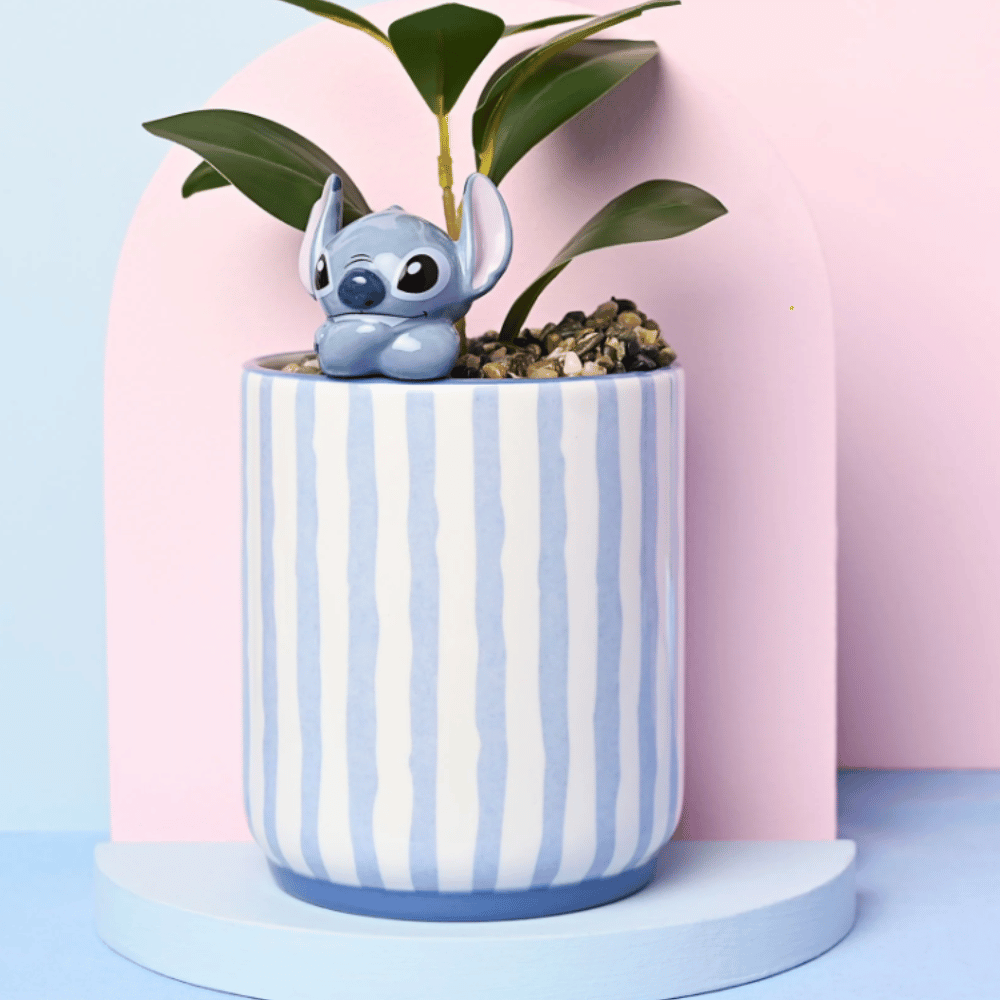 Disney Stitch planter with blue striped ceramic pot, 3D Stitch character and faux plant
