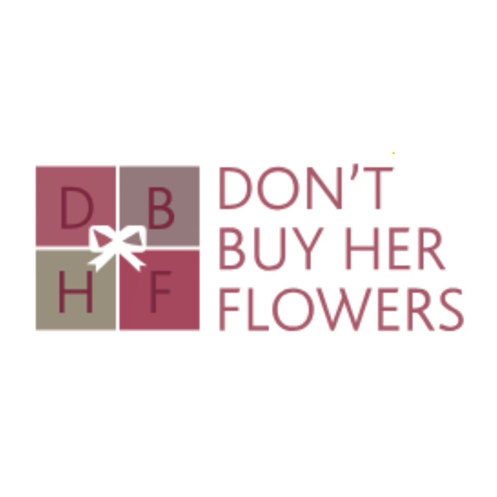dont buy her flowers logo with dbhf initials and soft colour blocks