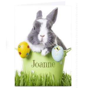 Easter Cards from Card Factory showing personalised Easter card with rabbit in a green bucket and Easter eggs