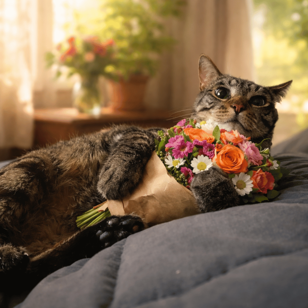 tabby cat lying down holding a colourful bouquet of flowers