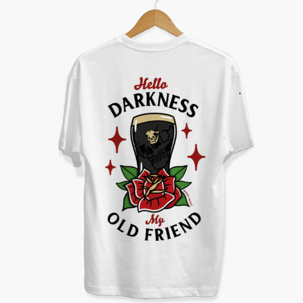 Hello Darkness T-Shirt from Broken Society showing white graphic t-shirt design