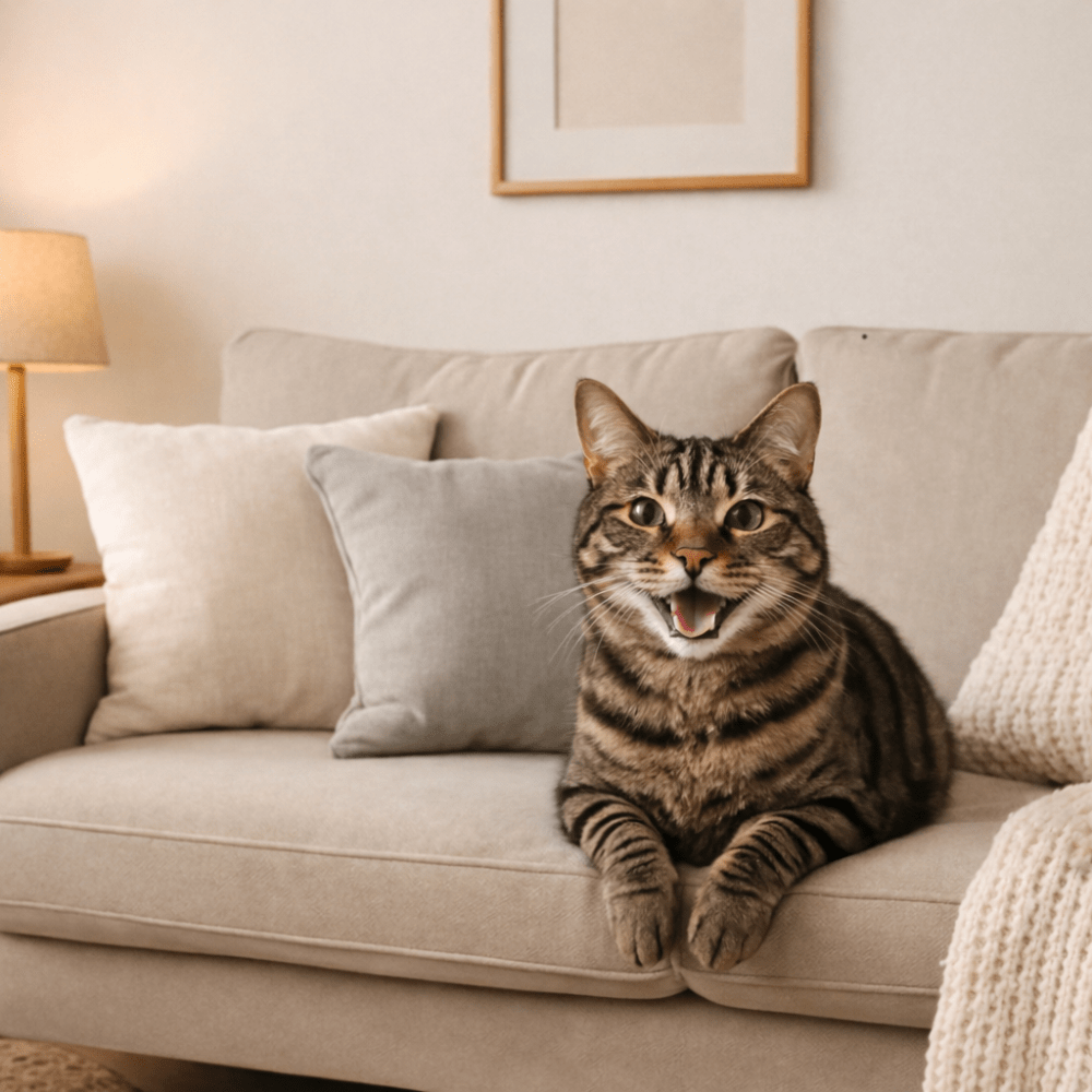 tabby cat sitting happily on a neutral sofa in a cosy living room