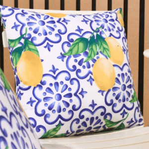 Lemon indoor outdoor cushion covers from OHS featuring blue tile pattern with yellow lemons