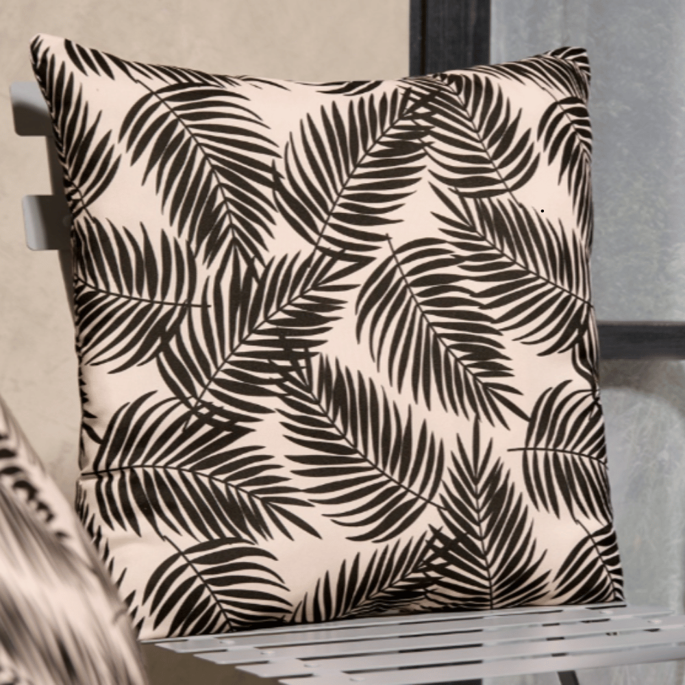 Palm leaf indoor outdoor cushion covers from OHS featuring monochrome tropical leaf print design