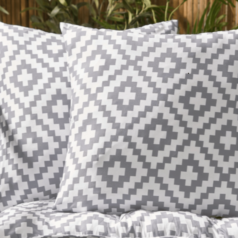 Grey geometric indoor outdoor cushion covers from OHS featuring repeating diamond pattern