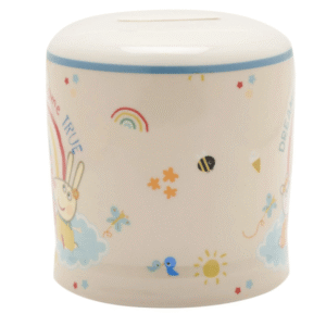 Peppa Pig ceramic money box back design with rainbow, bee, birds and colourful character themed illustrations