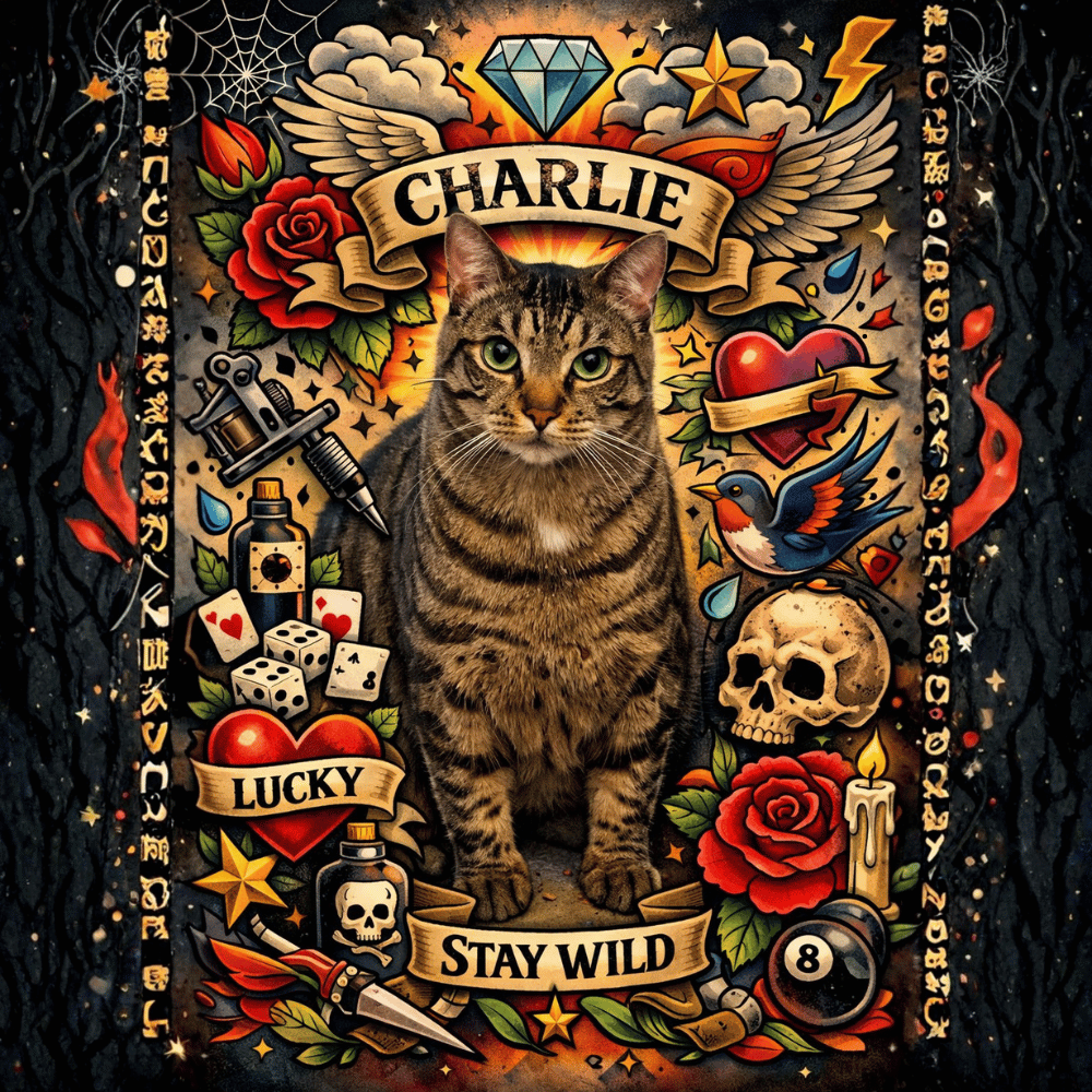 tattoo style illustration of a cat with roses skull dice and lucky symbols