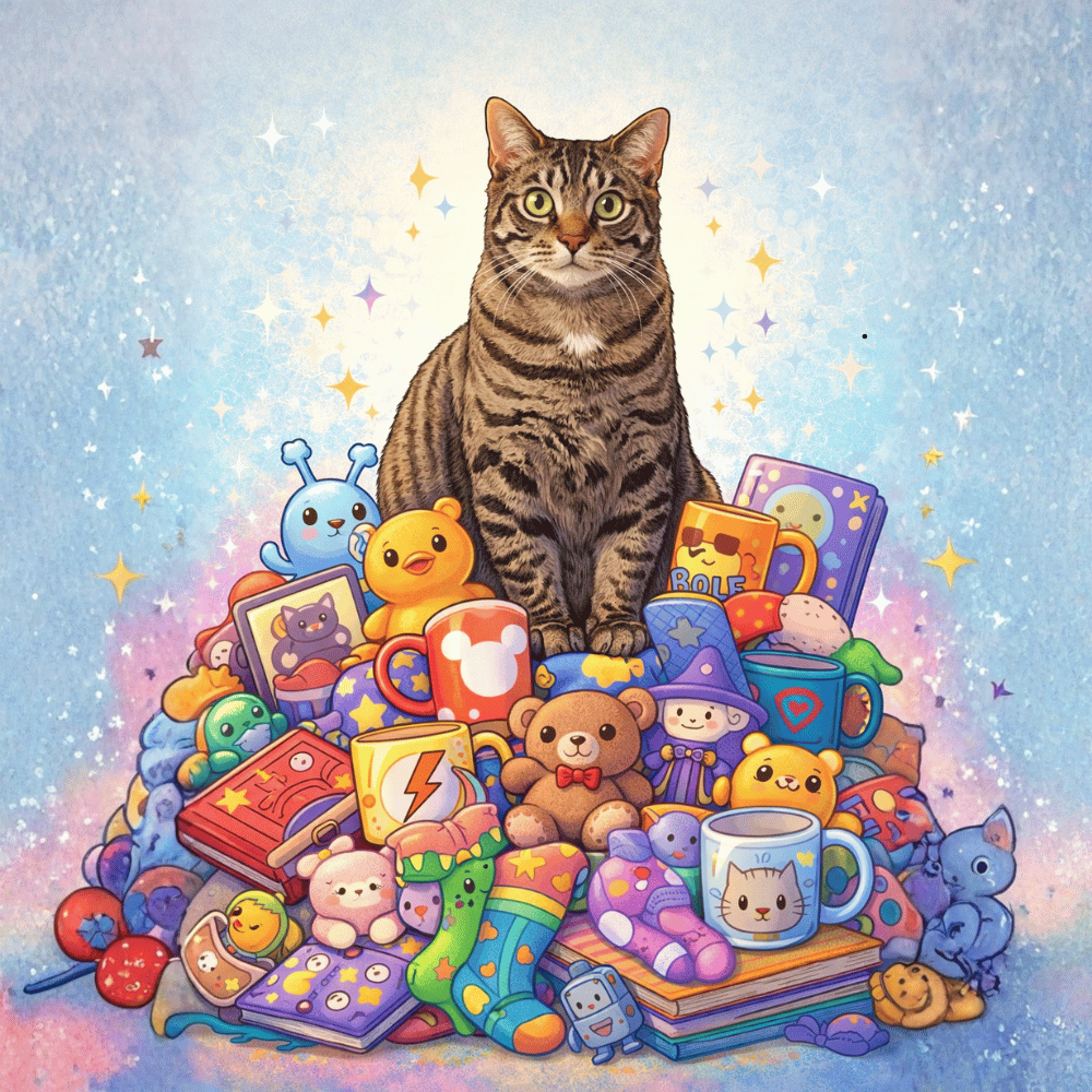cat surrounded by colourful character mugs toys socks and gifts
