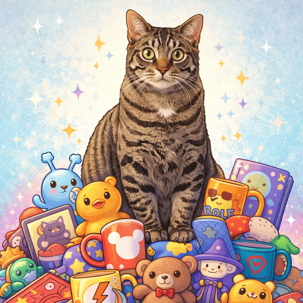 Tabby cat sitting among colourful character mugs, toys and collectables representing licensed gift items from The Home of Characters.