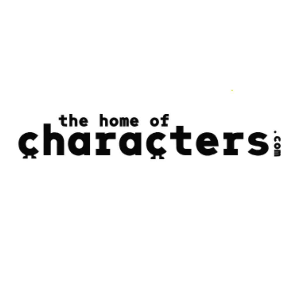 the home of characters logo in bold black typography