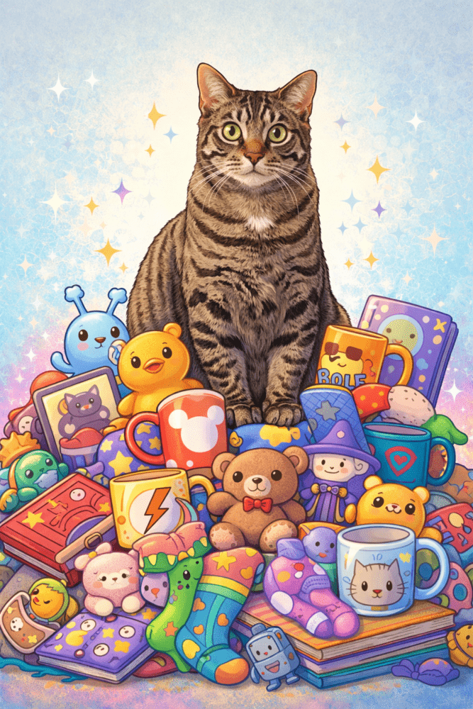 Charlie the tabby cat sitting on a colourful pile of character-style gifts including mugs, plush toys, figurines, socks and notebooks. The Home of Characters.
