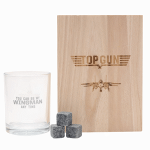 Top Gun Whisky Tumbler with stones in a wooden box from The Home of Characters showing branded glass and presentation box