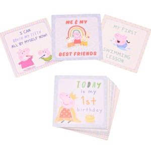 Peppa Pig Milestone Cards from THOC showing colourful illustrated milestone cards with Peppa Pig designs