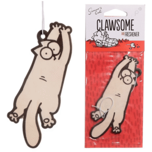 Simon's Cat clawsome strawberry air freshener from Cats in Charge showing the cartoon cat hanging and clawing design