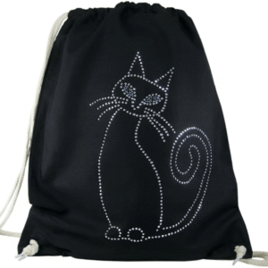 The curly tailed cat rhinestud gym bag from Cats in Charge showing a rhinestud cat design on a drawstring gym bag