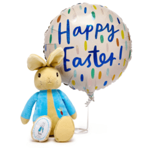 Happy Easter Balloon & Peter Rabbit Plush Bundle - Delivered Inflated! from Card Factory showing an Easter balloon and Peter Rabbit plush toy