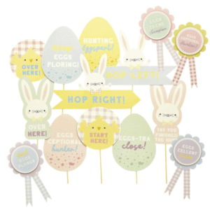 Easter Egg Hunt & Badge Kit from Card Factory showing themed egg hunt signs and rosettes